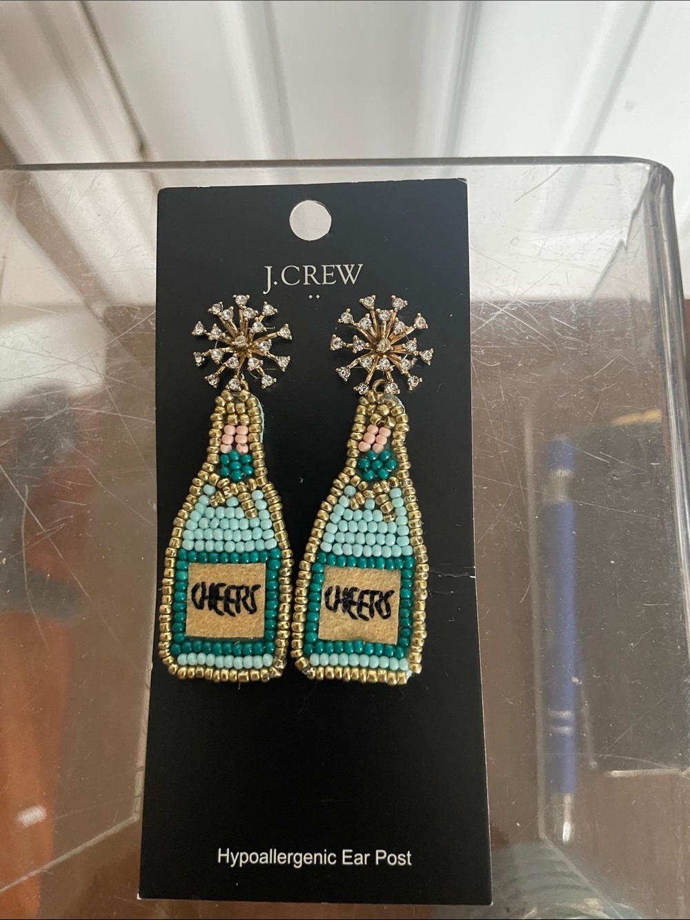 J. Crew Turquoise and Gold Beaded 'Cheers' Champagne Bottle Drop Earrings